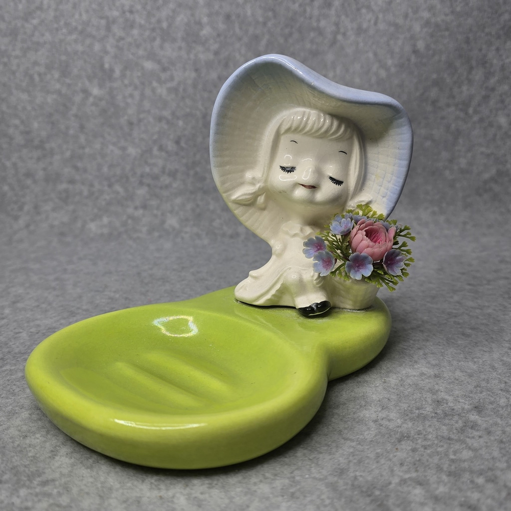Retro Ceramic Soap Dish Girl in Bonnet with‎ Flowers Lime Green Base 60s 70s